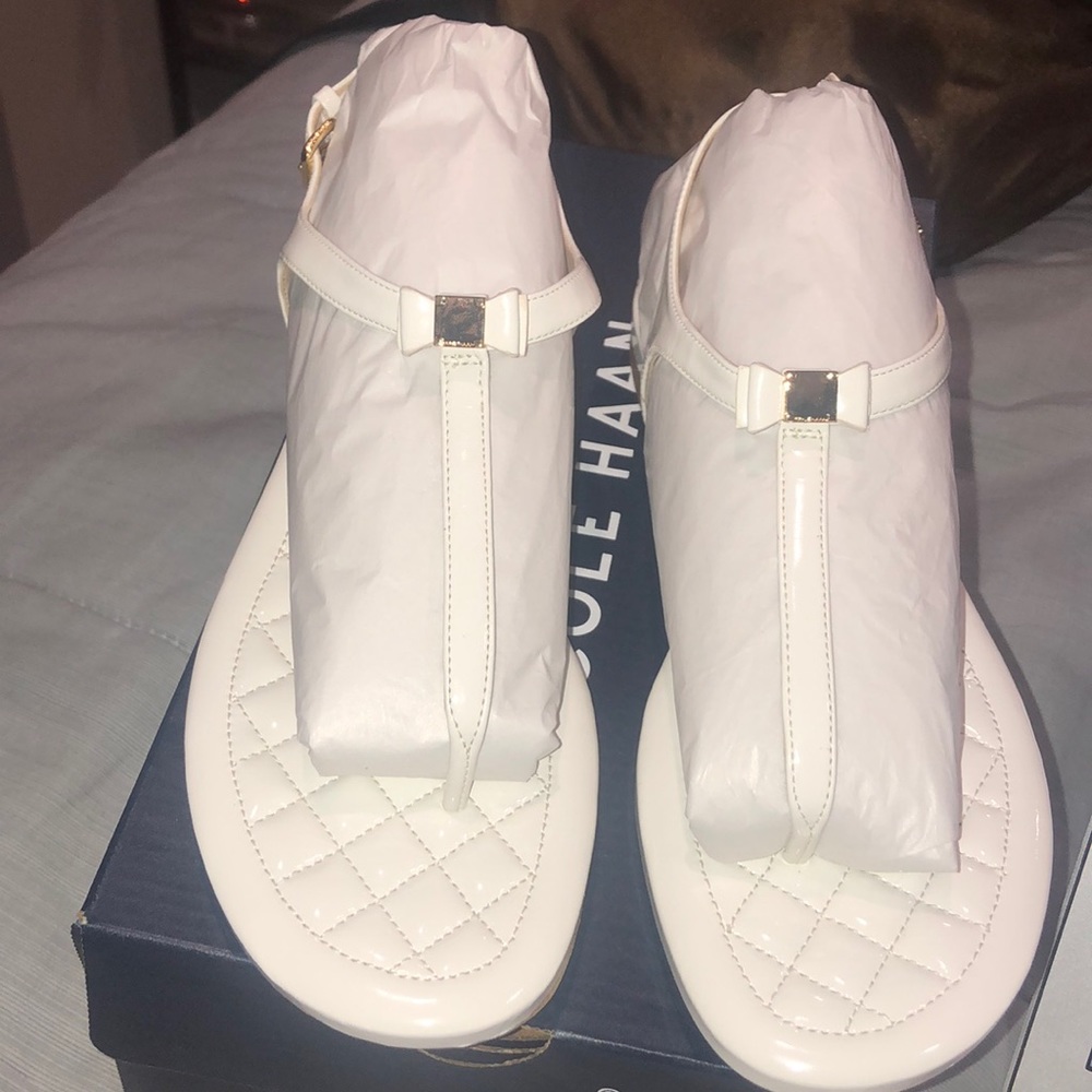 Cole Haan White and Gold Mini Bow T-Strap Sandal